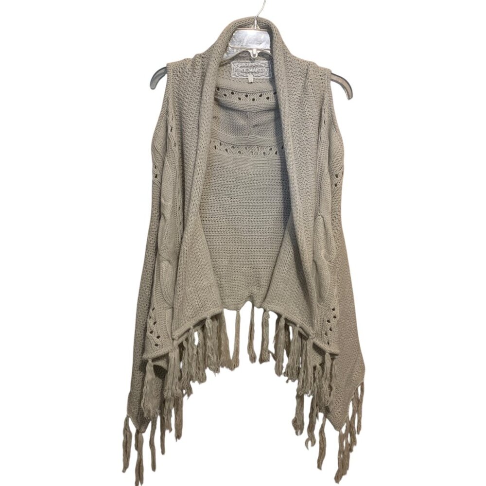 Pink Martini Women’s Crocheted Vest Beige Sz L Fringe Open Shaw Countrycore Boho